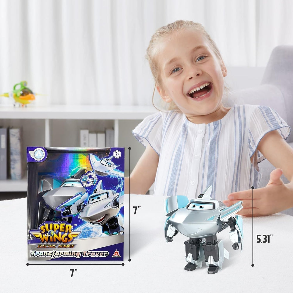 Super Wings Transformationsflugzeug Supercharged Traver, ca. 12,7 cm große Kinderspielfigur Spielzeugflugzeug und Roboterfigur für Jungen und Mädchen ab 3 Jahren Silberne Actionfiguren Naty Shop