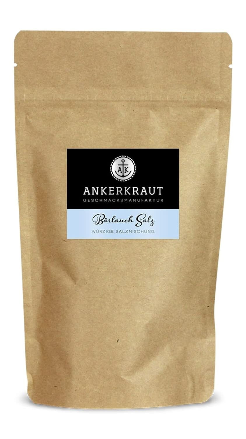 Ankerkraut Bärlauch Salz, Lecker Fleisch und Salat Verfeinern, Knoblauchartiges Gesmack Aroma, Kräuter mit Gewürzen zum Kochen, 110 g im Korkenglas