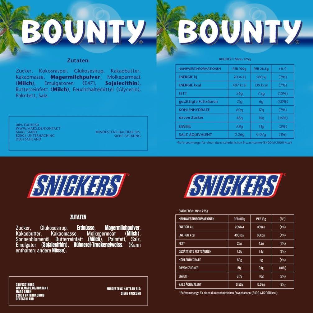 Mini-Schokoladen-Mischpackung, 71 Mini-Schokoladensnacks (Mars, Snickers, Bounty, Twix, Milky Way) in Form von Süßigkeiten, ideal für einen American-Football-Abend (1400g)