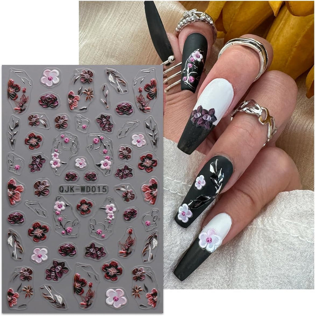 JMEOWIO Nagelsticker Schwarz Weiße Blume 6 Blatt Nail Art Sticker Selbstklebend Nagelaufkleber Frühling Sommer Floral Dekoration Nageldesign Zubehör