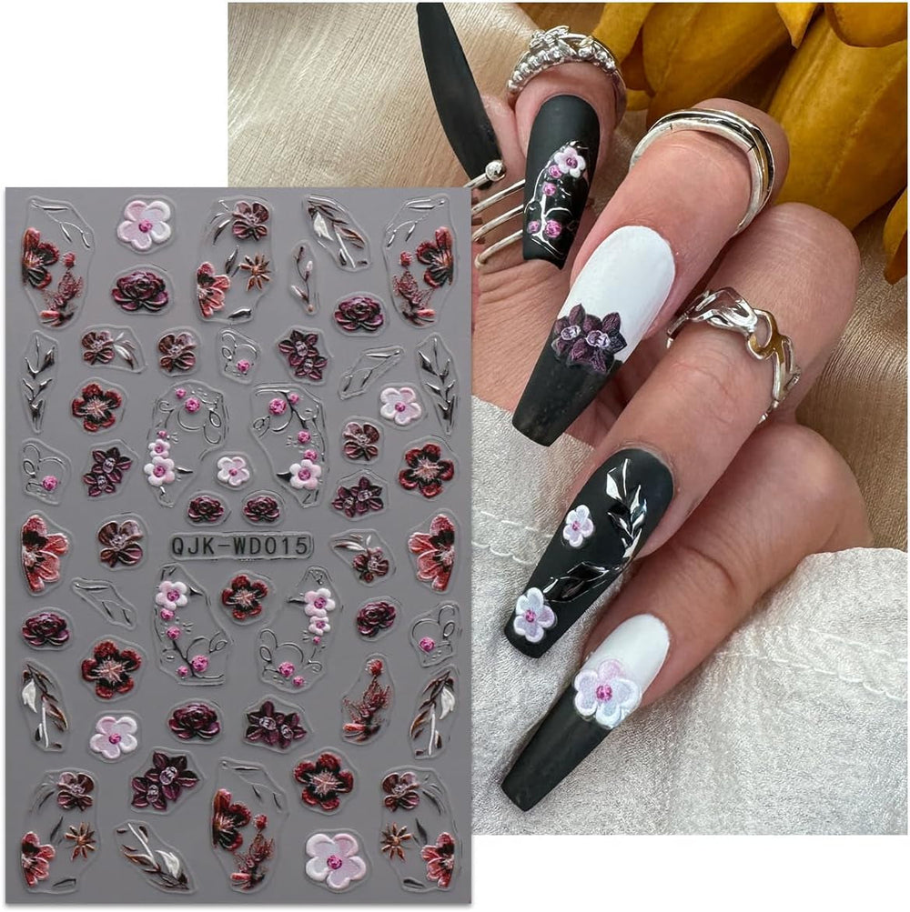 JMEOWIO Nagelsticker Schwarz Weiße Blume 6 Blatt Nail Art Sticker Selbstklebend Nagelaufkleber Frühling Sommer Floral Dekoration Nageldesign Zubehör