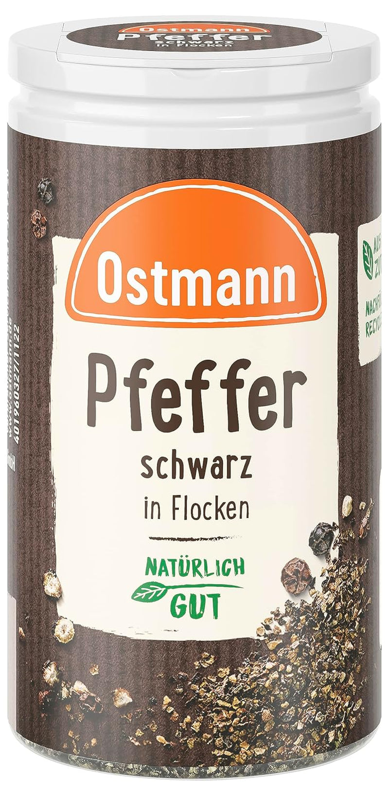 Ostmann Gewürze - Schwarze Pfefferflocken | Grober Pfeffer für intensiv-schwarzes Gesmack | Mit praktischem Streuaufsatz | 25 g in der Streudose