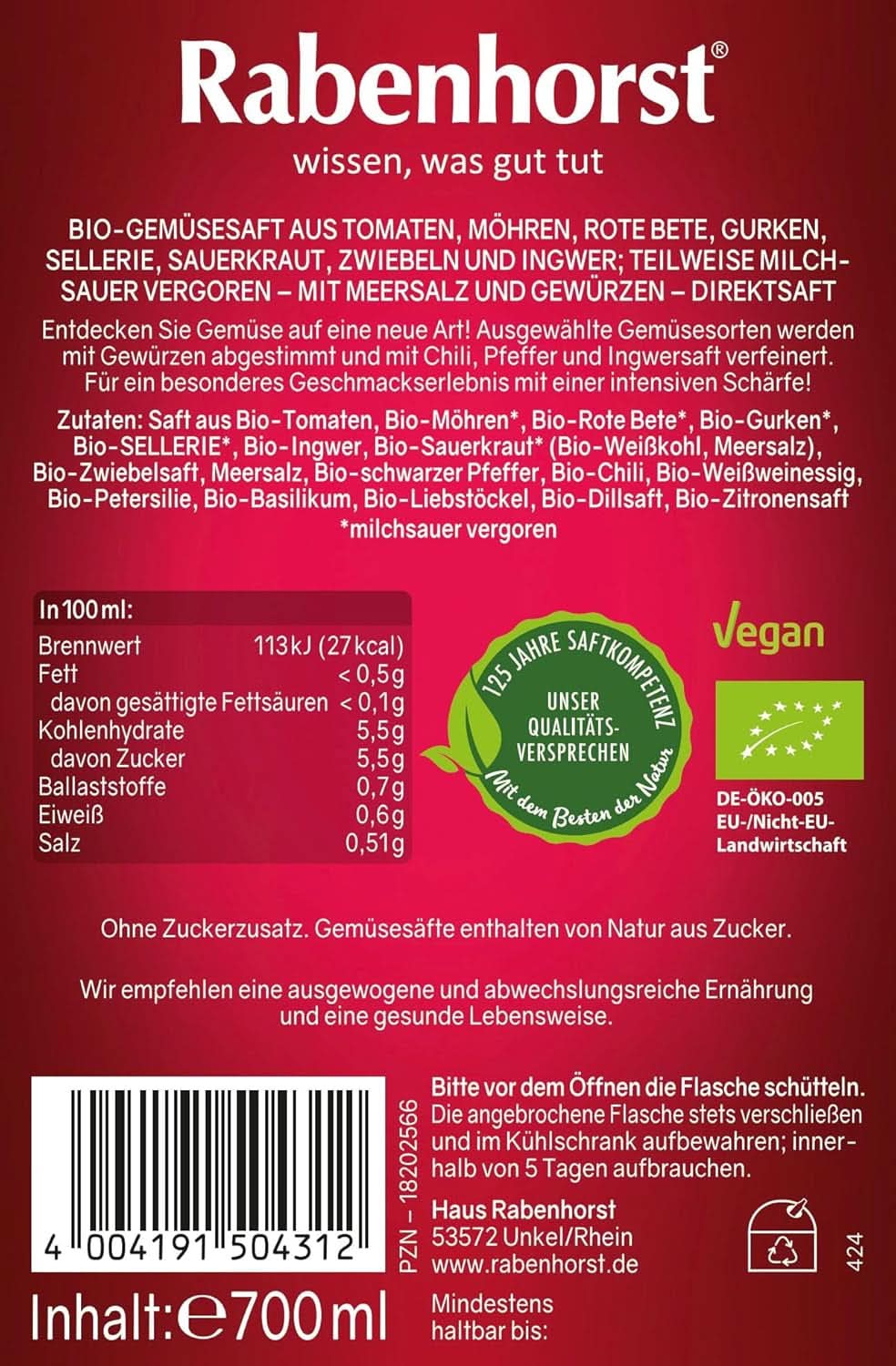 RABENHORST (6 x 700 ml) – Hochwertiger Gemüsesaft aus verschiedenen Gemüsesorten mit intensiv würzigem Geschmack. Alkoholfreie Getränke von Naty Shop