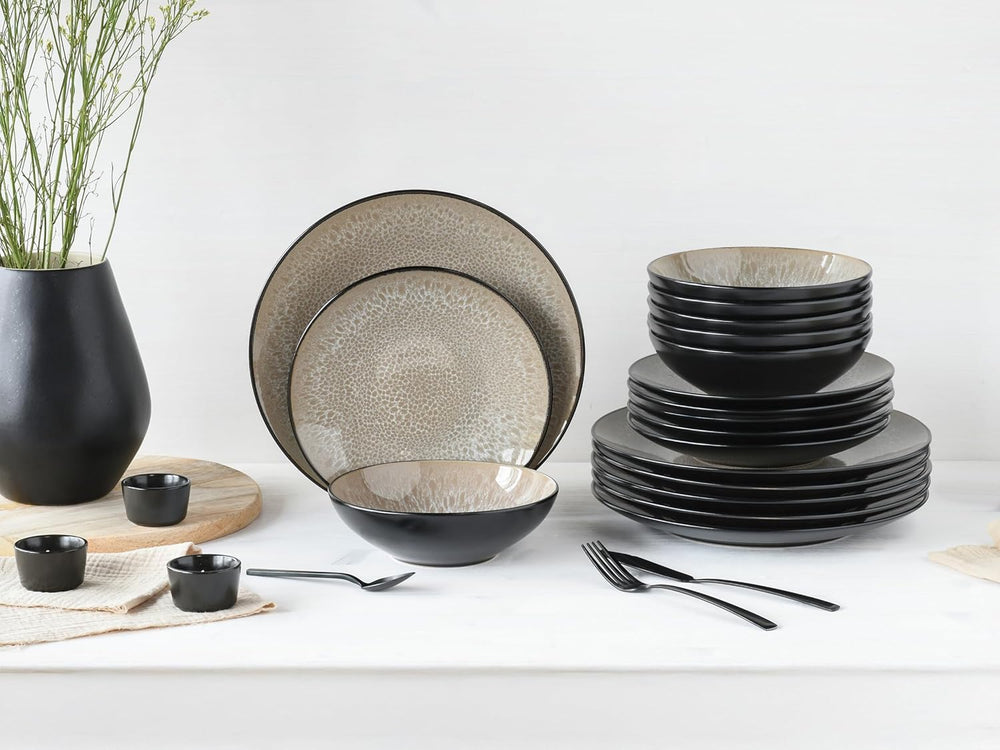 CreaTable, 24464, Seria Malmö Bej, set de veselă cu 18 piese pentru 6 persoane, set de farfurii din gresie, potrivit pentru mașina de spălat vase și cuptorul cu microunde, producție de calitate