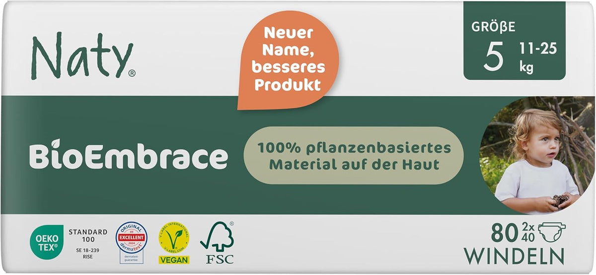 Scutece pentru bebeluși Naty BioEmbrace, mărimea 5 (11–25 kg) | 100% materiale pe bază de plante, delicate cu pielea | Moliciune respirabilă, testate dermatologic, absorbție excelentă | 80 buc.