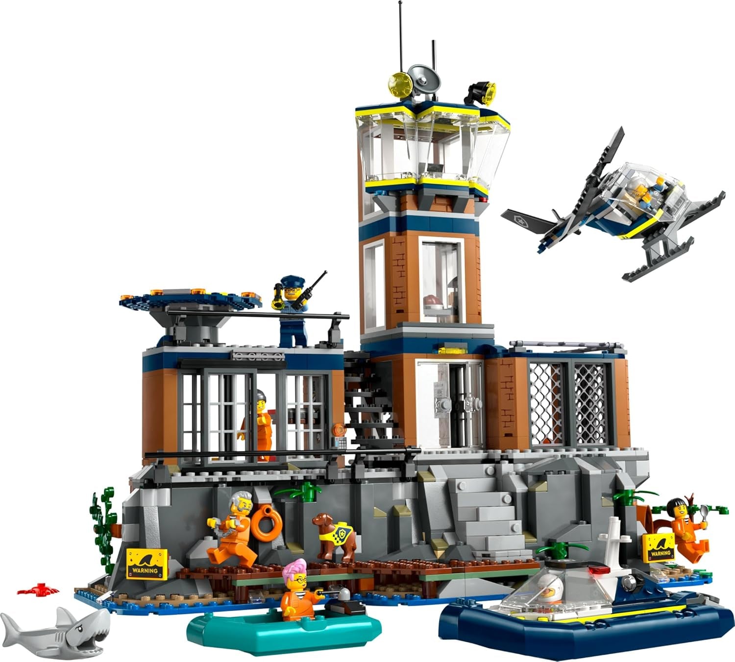 LEGO City Polizeistation auf der Gefängnisinsel, Polizeispielzeug mit Hubschrauber, Stiefel und Hai, Set mit 7 Minifiguren und Hund, Geburtstagsgeschenk für Jungen und Mädchen ab 7 Jahren 60419