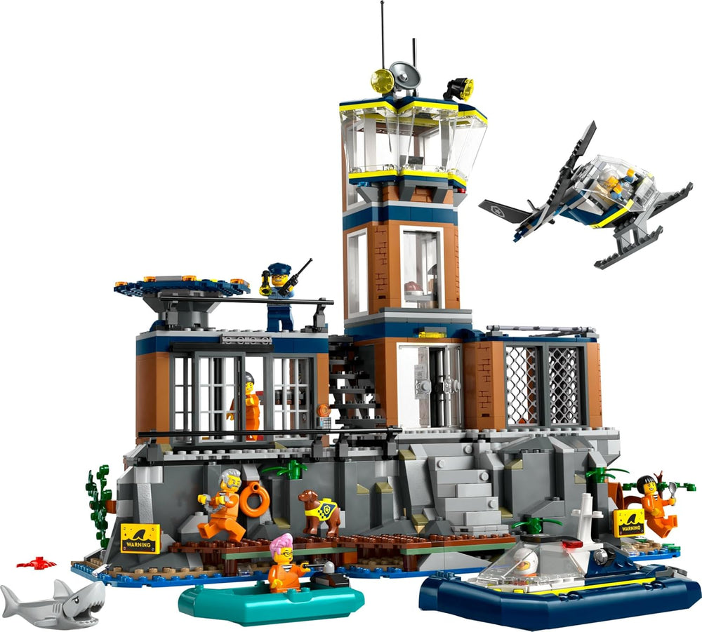 LEGO City Polizeistation auf der Gefängnisinsel, Polizeispielzeug mit Hubschrauber, Stiefel und Hai, Set mit 7 Minifiguren und Hund, Geburtstagsgeschenk für Jungen und Mädchen ab 7 Jahren 60419