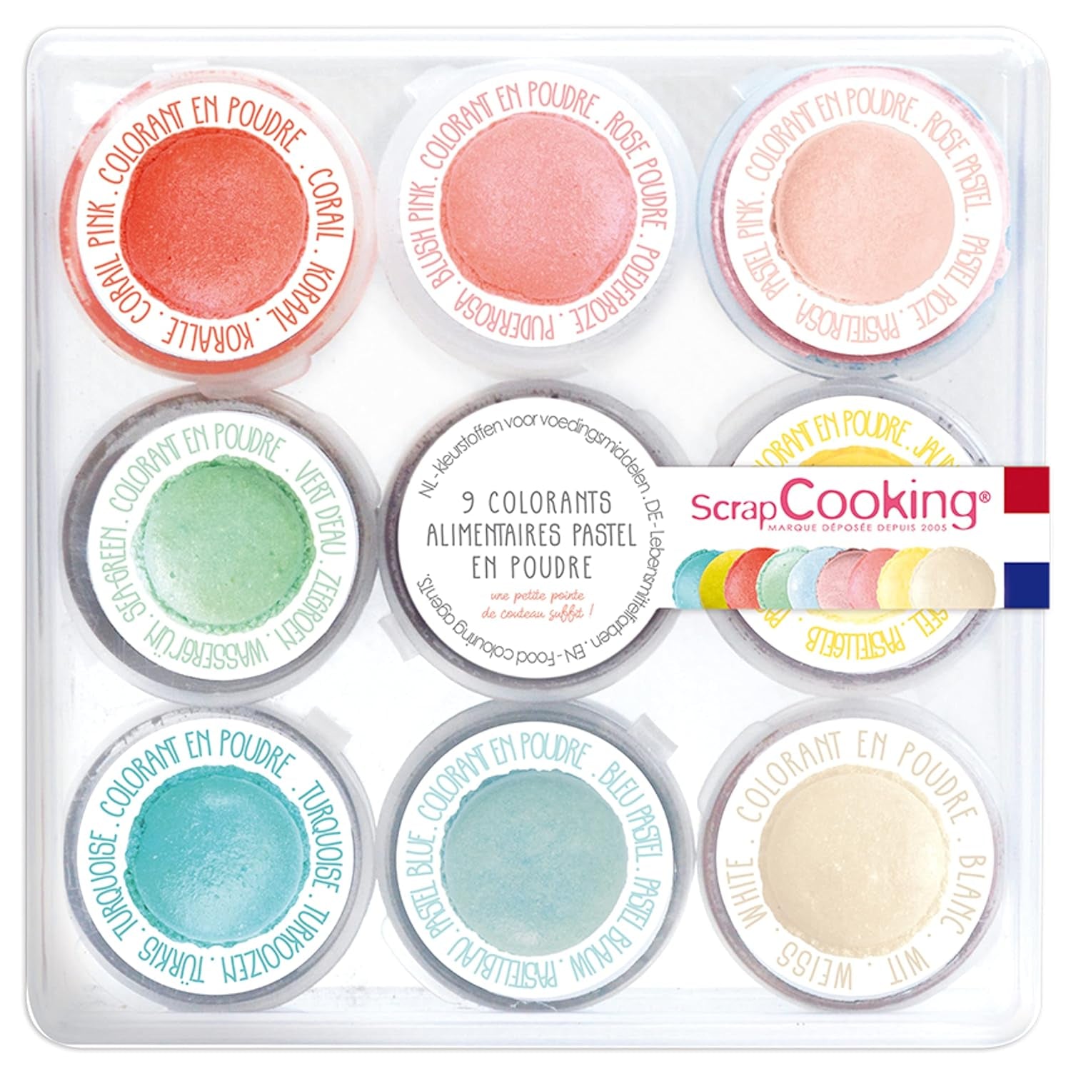 Scrapcooking - Set 9 coloranți alimentari pastel - Albastru, Galben, Coral, Roz, Turcoaz, Verde Lămâie, Alb, Verde Aqua, Roz pudră - Pudră colorantă comestibilă pentru prăjituri, brioșe, macarons - 4272