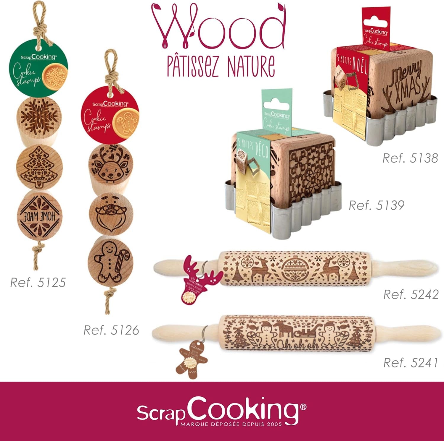 Scrap Cooking Teigrolle aus Holz „Xmas“ mit weihnachtlichen Motiven – Prägerolle mit gepfragten Verzierungen für Kekse – dekoratives Zubehör – 5242