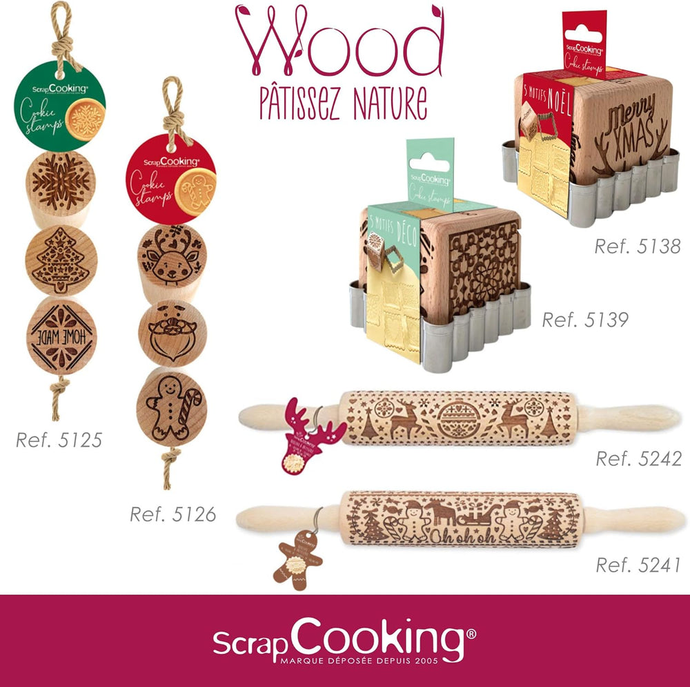 Scrap Cooking Teigrolle aus Holz „Xmas“ mit weihnachtlichen Motiven – Prägerolle mit gepfragten Verzierungen für Kekse – dekoratives Zubehör – 5242