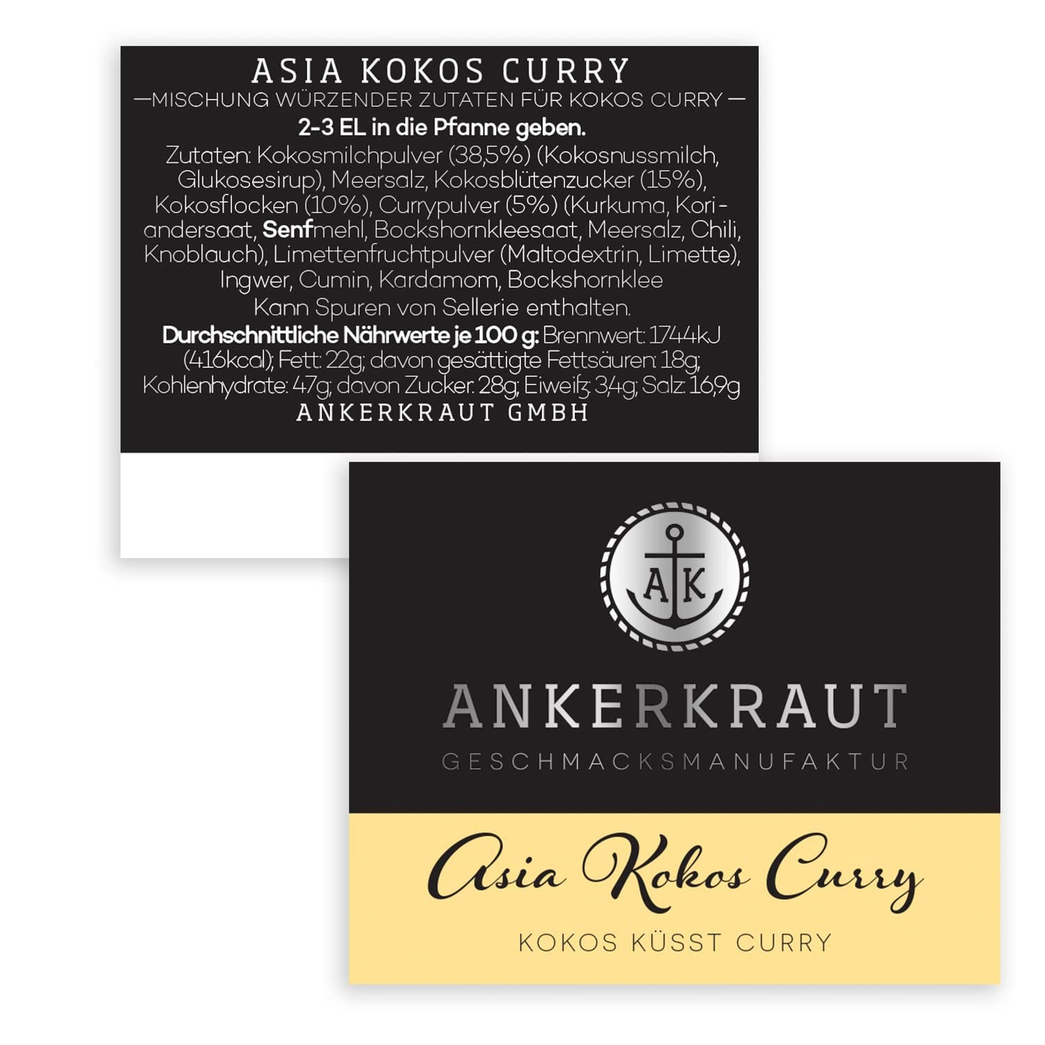 Ankerkraut Asia Kokos Curry, 85g im Korkglas, Gewürz für Kokos-Milch Gemüse Fleisch, Einfach Lecker Zu Hause Kochen, Premium Qualität in der Panne