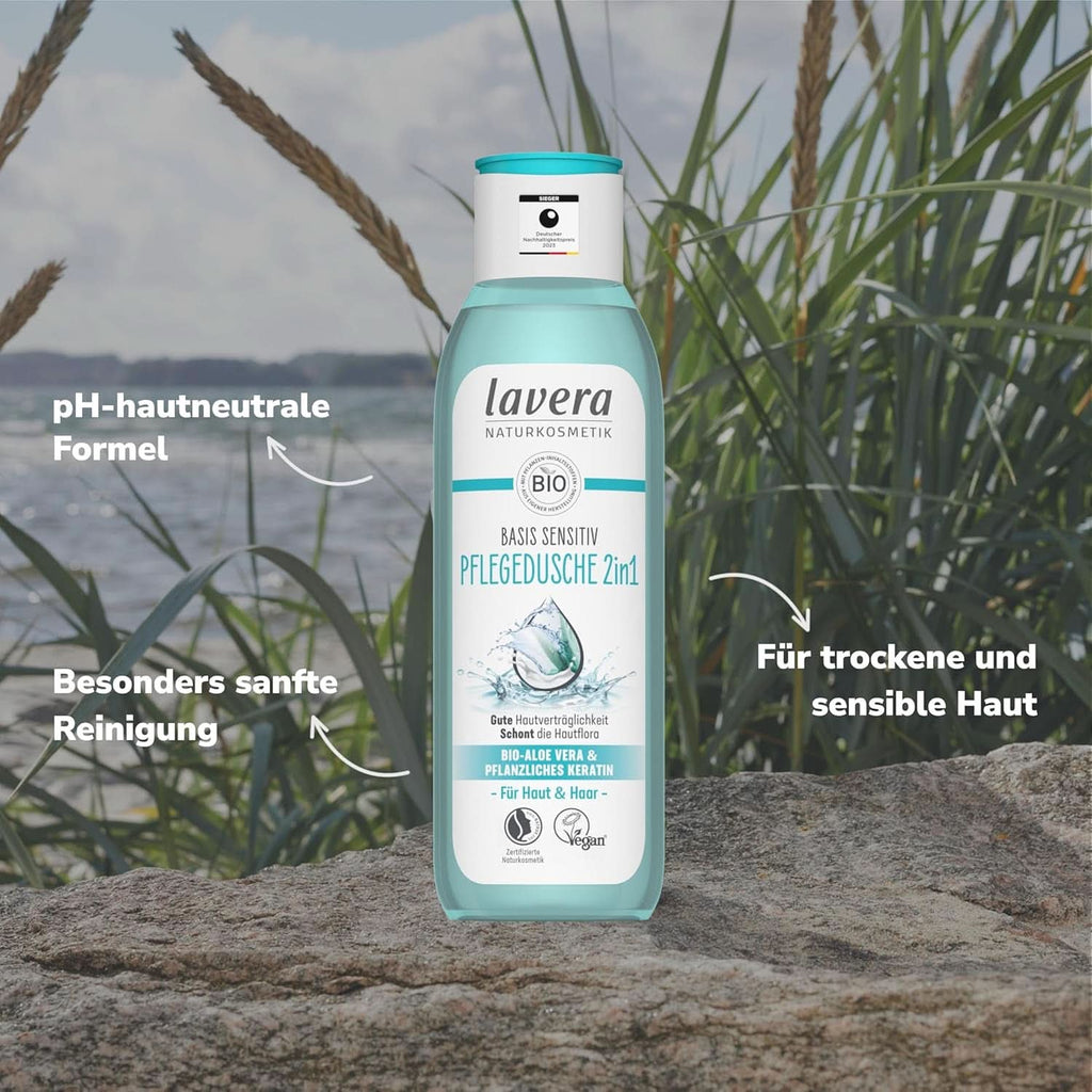 Lavera Care Basis Sensitiv 2 în 1, Șampon și gel de duș cu aloe vera bio și keratină vegetală, 250 ml Duș și baie Naty Shop