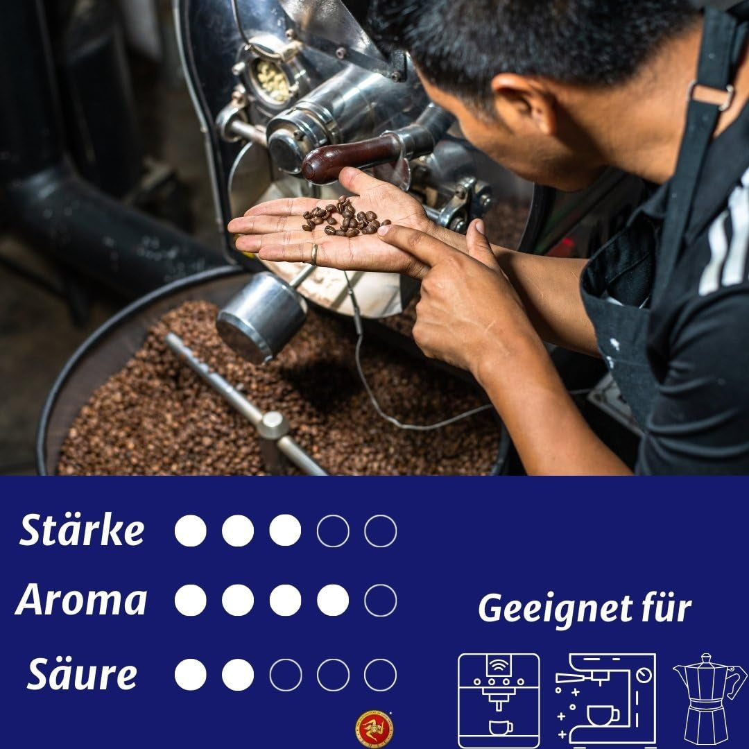 Boabe de cafea Caffè Espresso - Prăjire tradițională în Sicilia - Boabe de cafea premium, pungă de 250 g, pentru aparate complet automate și portafiltru