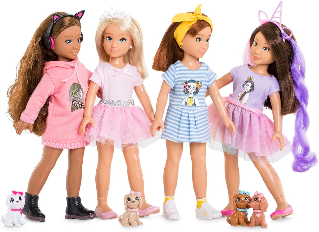 Corolle 9000600030 - Girls Luna Einhorn Set, Knöchelpuppe im Sommeroutfit mit Hund, mit Haarband, Ohrringen und extra Gummistiefel, 28cm Spielpuppe mit Vanilleduft, ab 4 Jahren