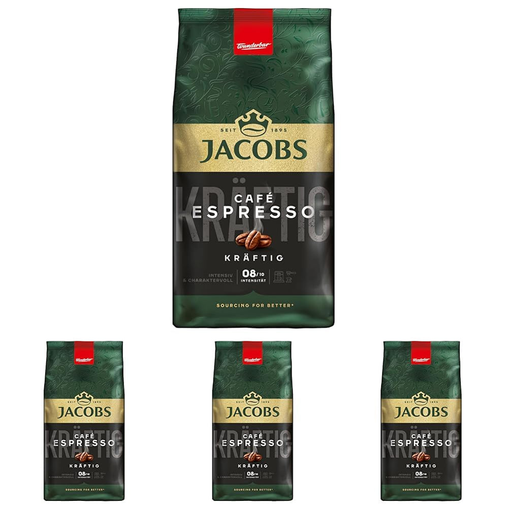Boabe de cafea Jacobs Café Espresso 1kg – Puternice, picante, boabe Arabica și Robusta, intensitate 8/10, ideale pentru espresso (pachet de 4)