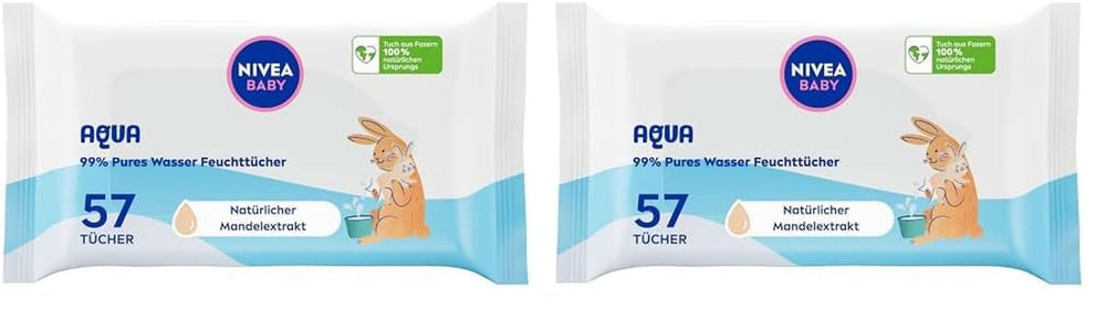NIVEA Baby AQUA Feuchttücher, Baby Feuchttücher Zur Sanften Reinigung Empfindlicher Haut, Hypoallergene Und Parfümfreie Feuchttücher Für Babys Mit 99% Wasser (1 X 57 Stück) Baby Wet Wipes Naty Shop 57 Stück (2Er Pack)