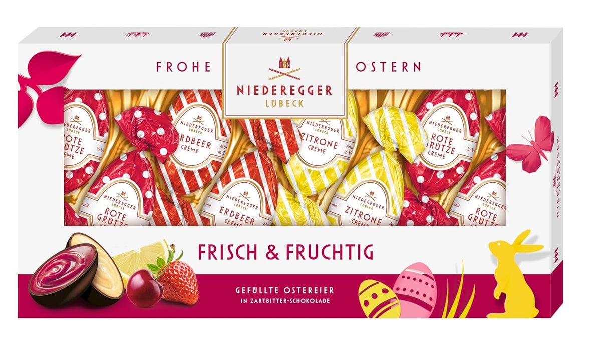 Niederegger | Schokoladeneier | Frisch und fruchtig | 1 x 100g | Eier gefüllt mit Zitronen-, Erdbeer- und roten Beerencreme | Überzogen mit dunkler Schokolade | Ostereier | Ostergeschenk