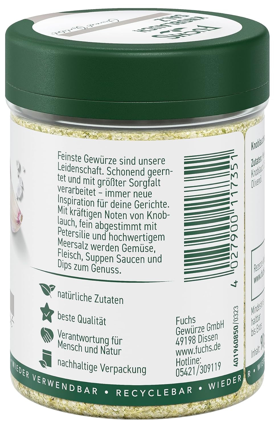 Fuchs Gewürze - Knoblauchsalz - Gewürzsalz für Dips, Saucen und Gemüse - natürliche Zutaten - 90 g in wiederverwendbarer, recyclebarer Dose