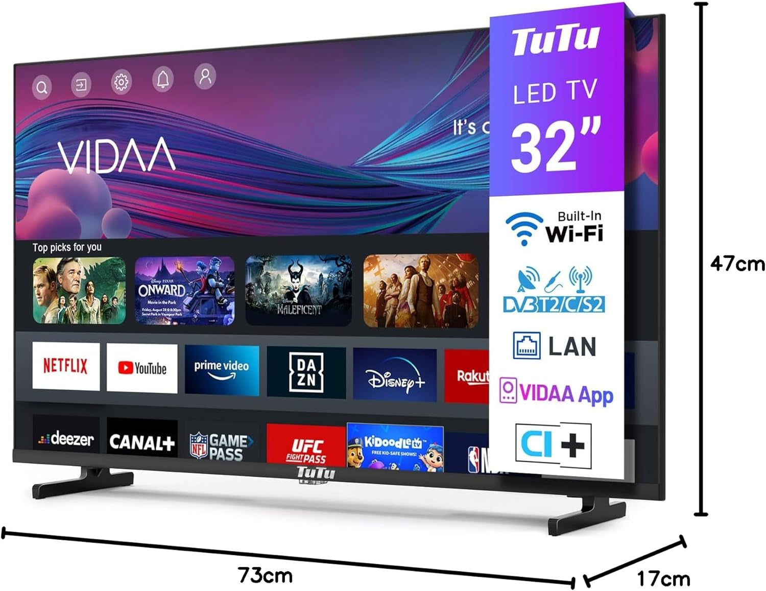 TuTu TUV32HQ1B Smart TV de 32 de inci, televizor LED HD de 80 cm cu Wi-Fi, App Store, tuner triplu (DVB-T/T2, DVB-C, DVB-S/S2), HDMI, USB