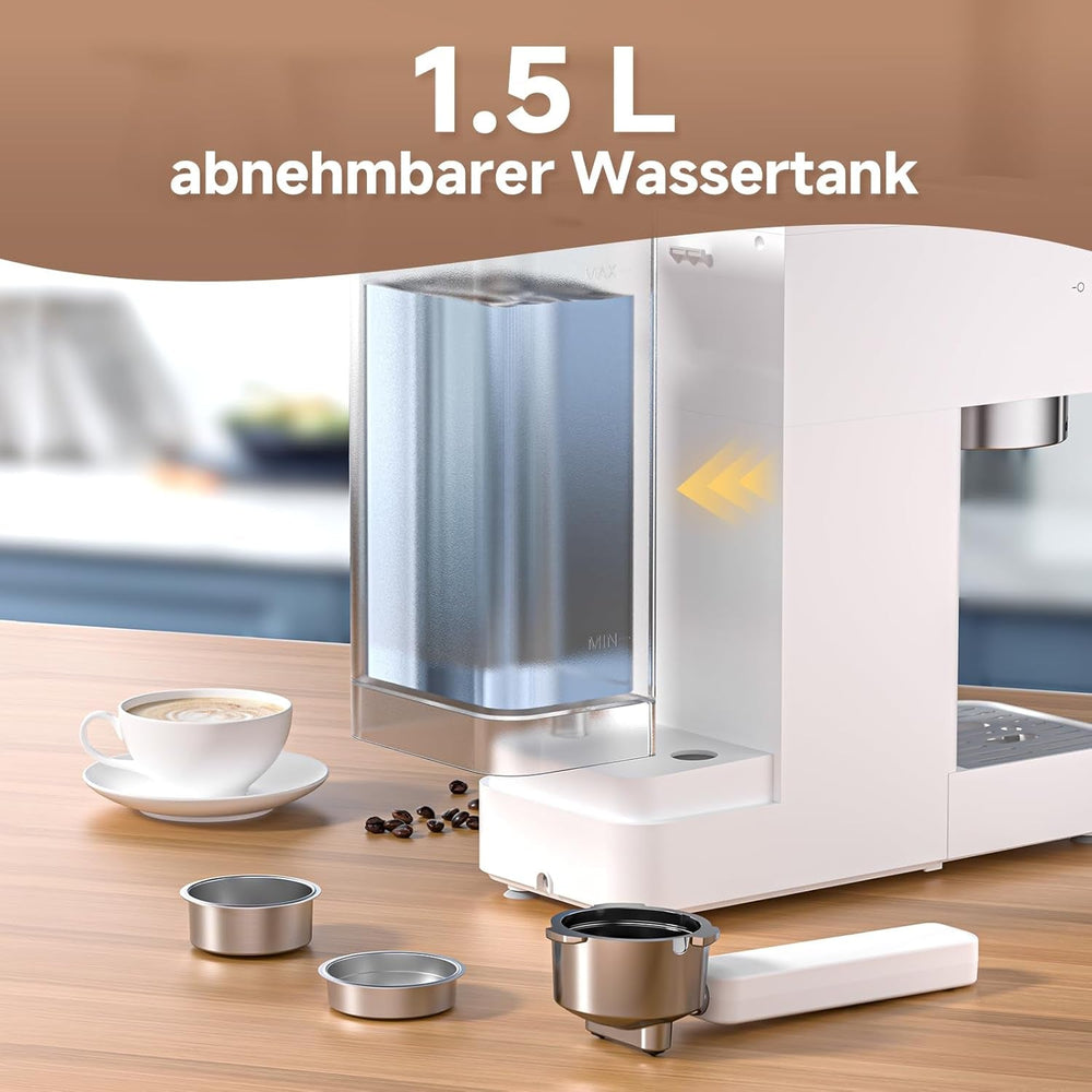 Espressor AMZCHEF cu 20 de bari, afișaj LED, spumator de lapte profesional și lance de abur din oțel inoxidabil, rezervor detașabil de 1,5 l, încălzire rapidă de 1350 W, alb