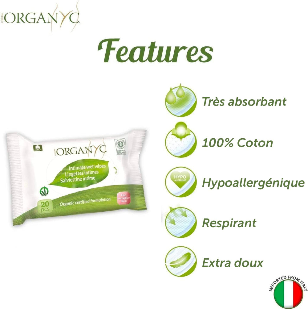 Organyc Feuchte Intimtücher, hergestellt aus 100 % zertifizierter Bio-Baumwolle – 4 Packungen mit 20 Tüchern (insgesamt 80 Tücher)