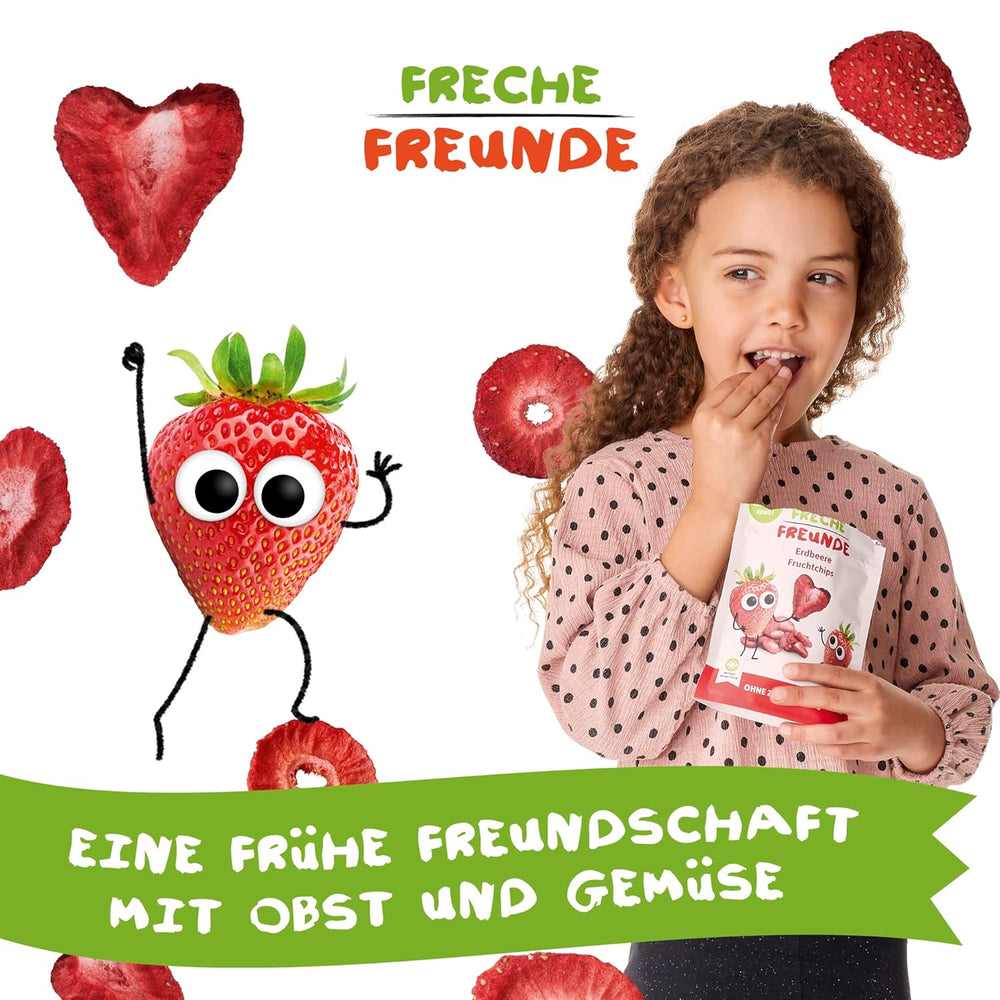 FRECHE FREUNDE Bio-Erdbeer-Fruchtchips, gefriergetrocknete Fruchtchips, natürliche geschnittene Trockenfrüchte ohne Zuckerzusatz, vegan, laktosefrei, glutenfrei, 12er-Pack (12 x 12 g)