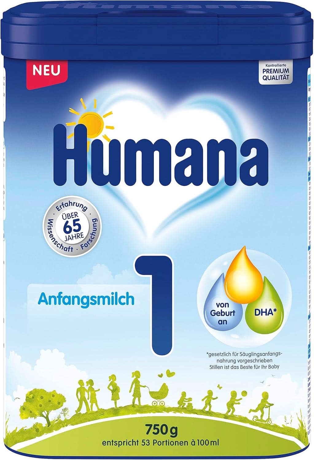 Humana Initial Milk 1, de la naștere, lapte praf pentru laptele pentru sugari, pe lângă laptele matern sau ca unică hrană pentru bebeluși, hrană inițială numai cu DHA și lactoză, 750 g Mama si Copilul Naty Shop 750 grame