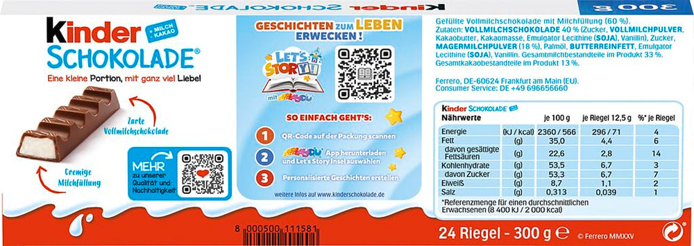 Kinder Chocolate – Gefüllte Milchschokoladenriegel – 1 Packung mit 24 einzelnen Riegeln (24 x 12,5 g).