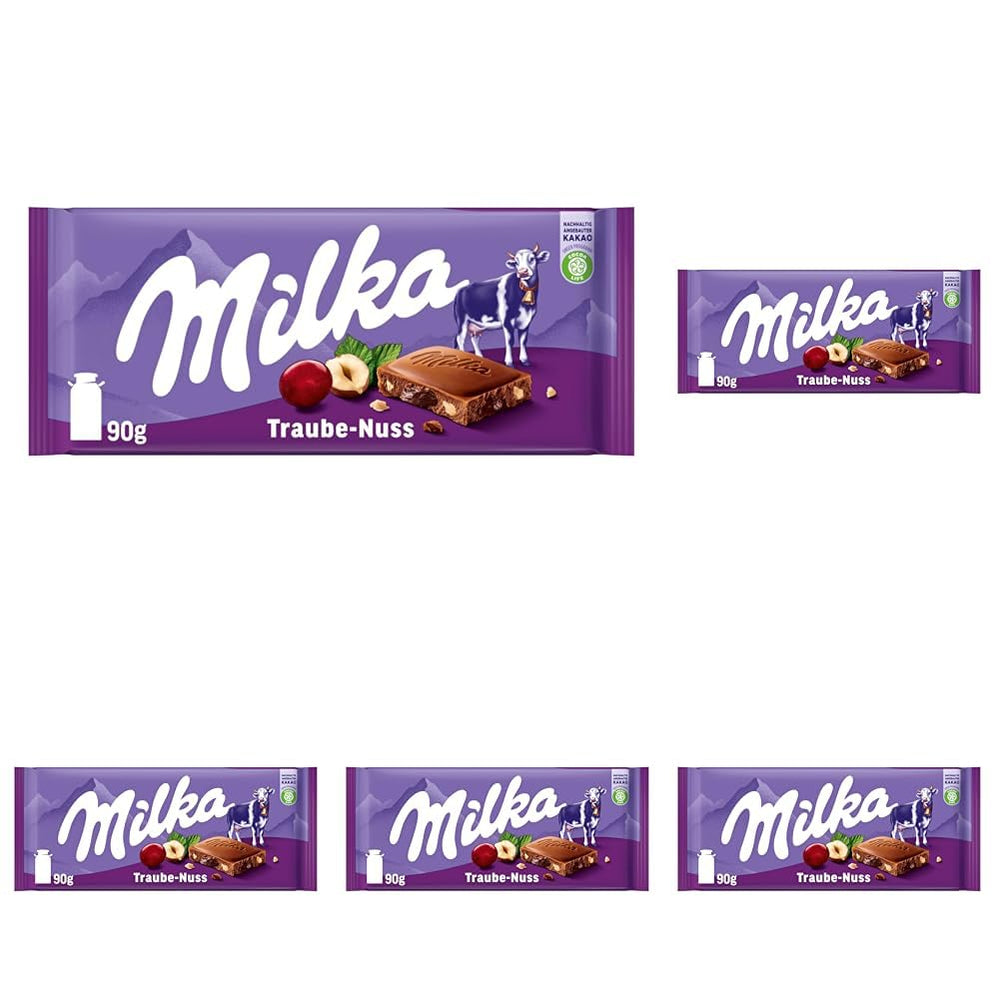 Milka Trauben und Haselnüsse – Alpenmilchschokolade mit Haselnuss- und Rosinenstückchen – 90g