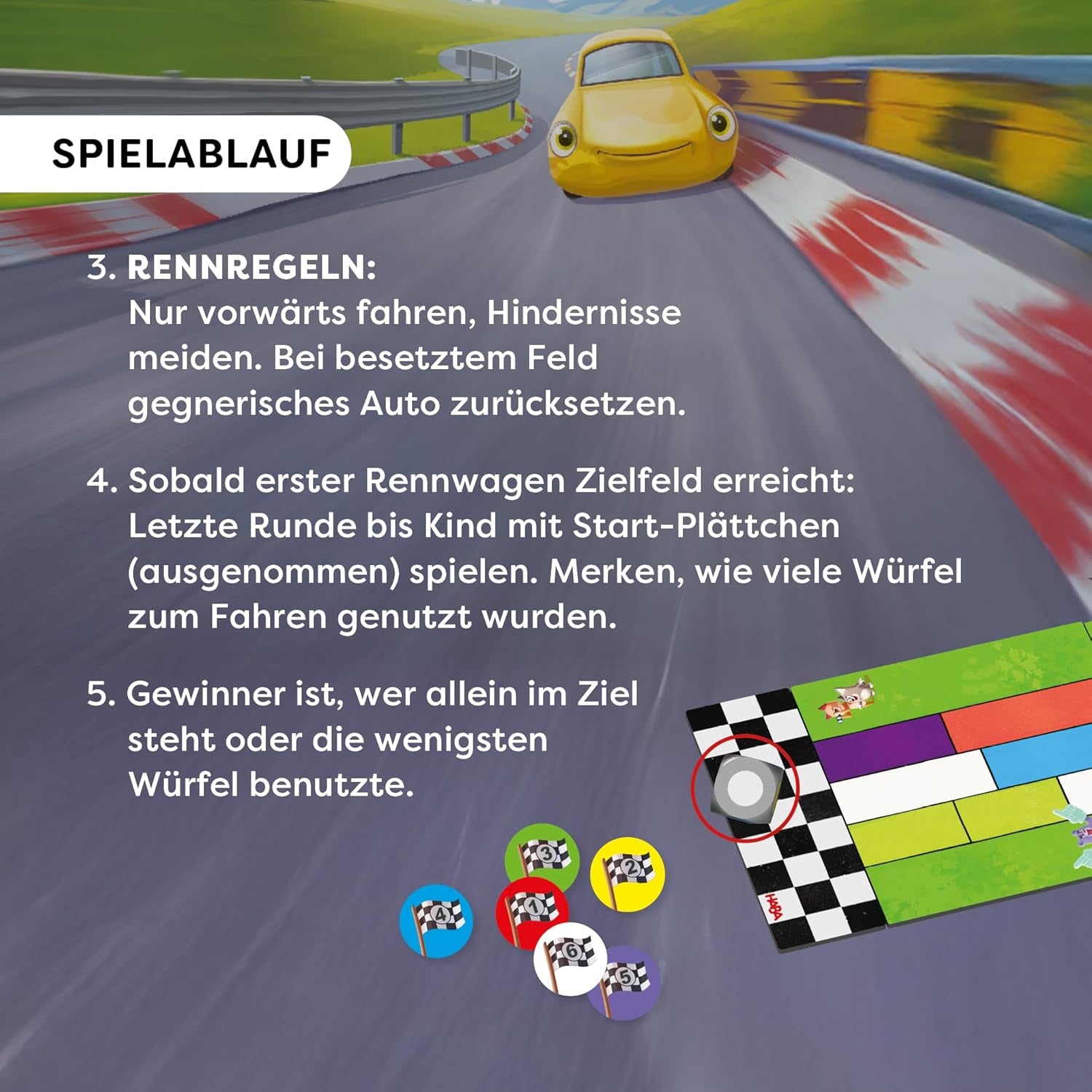 HABA Monza – Schnelles Brettspiel und Autorennspiel für Kinder ab 5 Jahren – mit 6 bunten Holzautos und bunten Würfeln – 2012226001