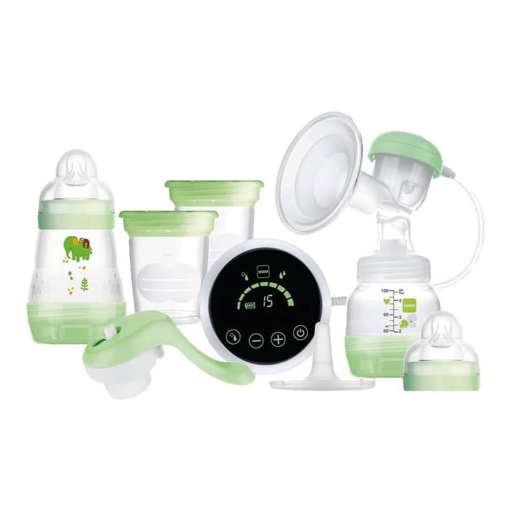 MAM Elektrische und manuelle Milchpumpe 2 in 1, mit 9 Stimulationsstufen, enthält 2 Flaschen, einfacher Start, grün Zubehör Essen und Stillen Bebe Naty Shop