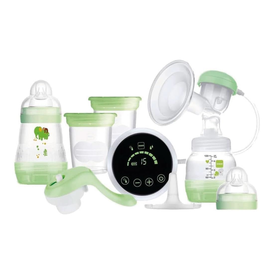 MAM Elektrische und manuelle Milchpumpe 2 in 1, mit 9 Stimulationsstufen, enthält 2 Flaschen, einfacher Start, grün Zubehör Essen und Stillen Bebe Naty Shop