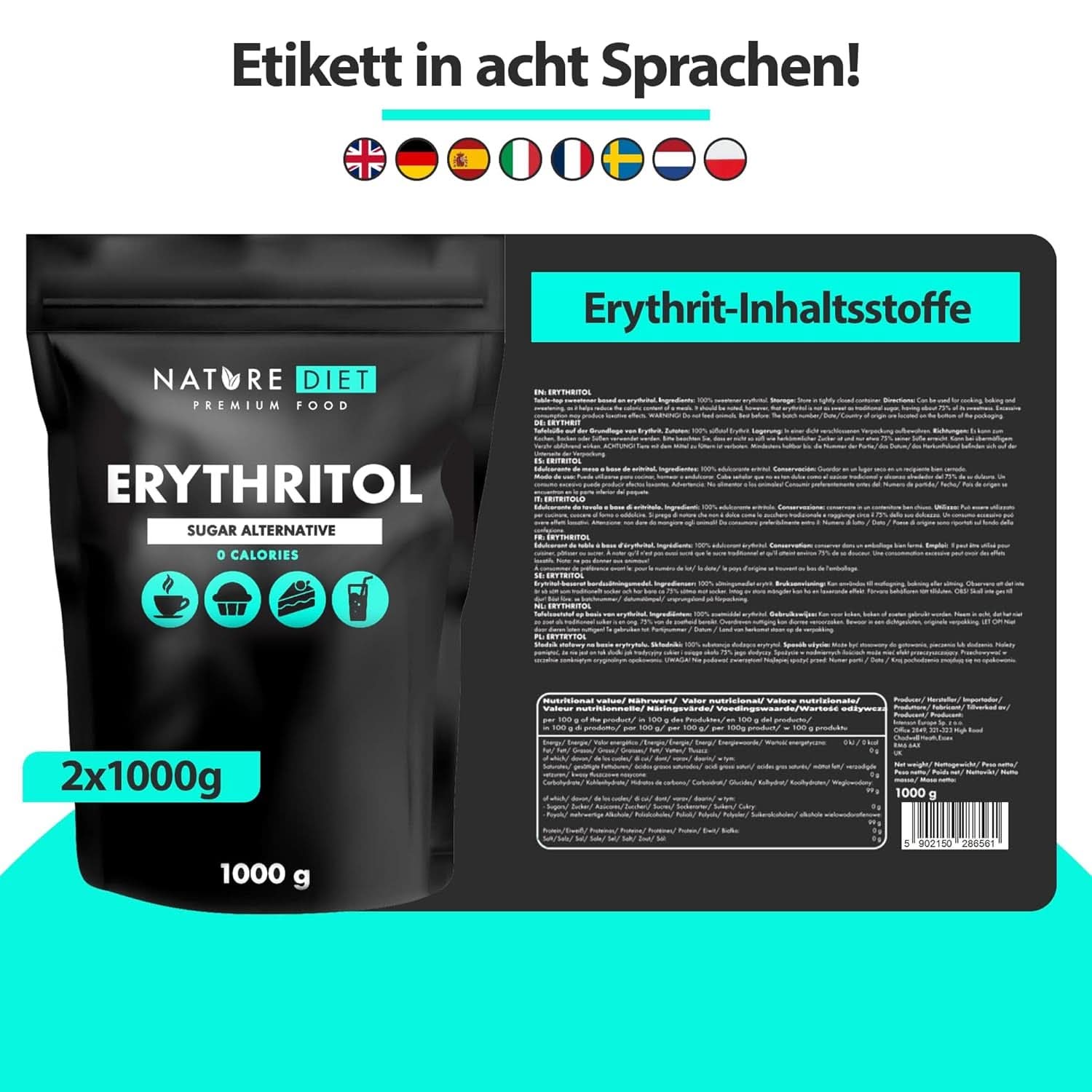 Nature Diet - Eritritol 2 X 1000 G | Îndulcitor natural | Zero calorii | Înlocuitor de zahăr Indulcitori Naty Shop