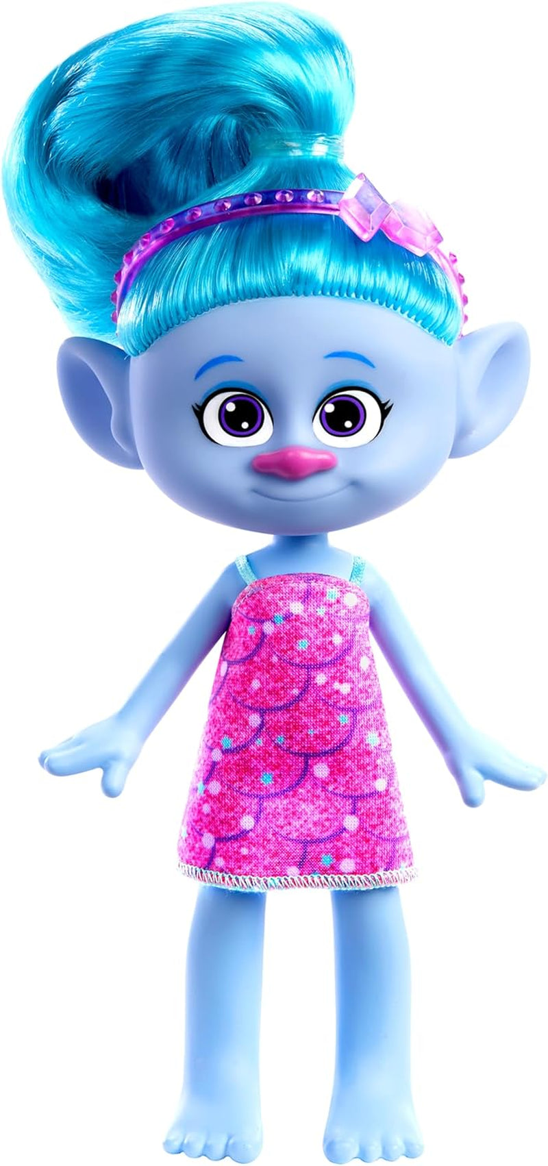 Mattel DREAMWORKS TROLLS Gemeinsam Stark – Haarige Überraschungen Chenille Puppe mit leuchtend blauen Haaren zum Stylen, lila Stirnband, für Kinder ab 3 Jahren, HNF15