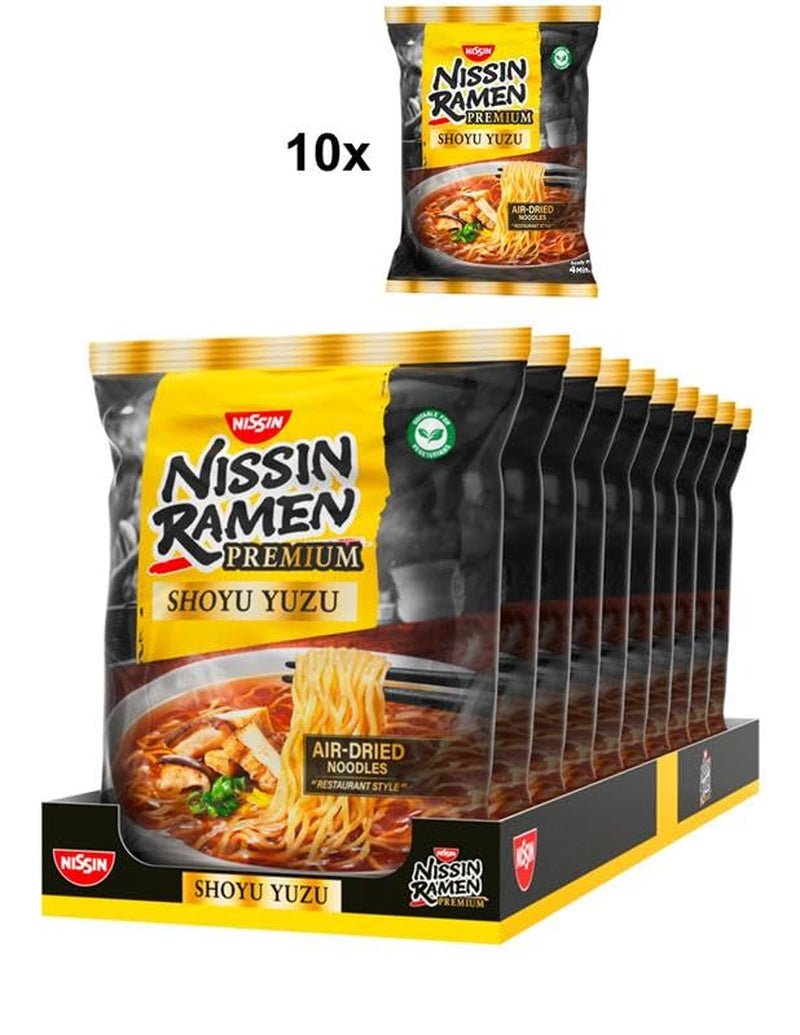 Nissin Ramen Premium - Shoyu Yuzu 10er-Pack luftgetrocknete Instant-Nudeln nach japanischer Art, aromatisiert mit Yuzu-Sojasauce und getrocknetem Lauch (10 x 92,7 g)