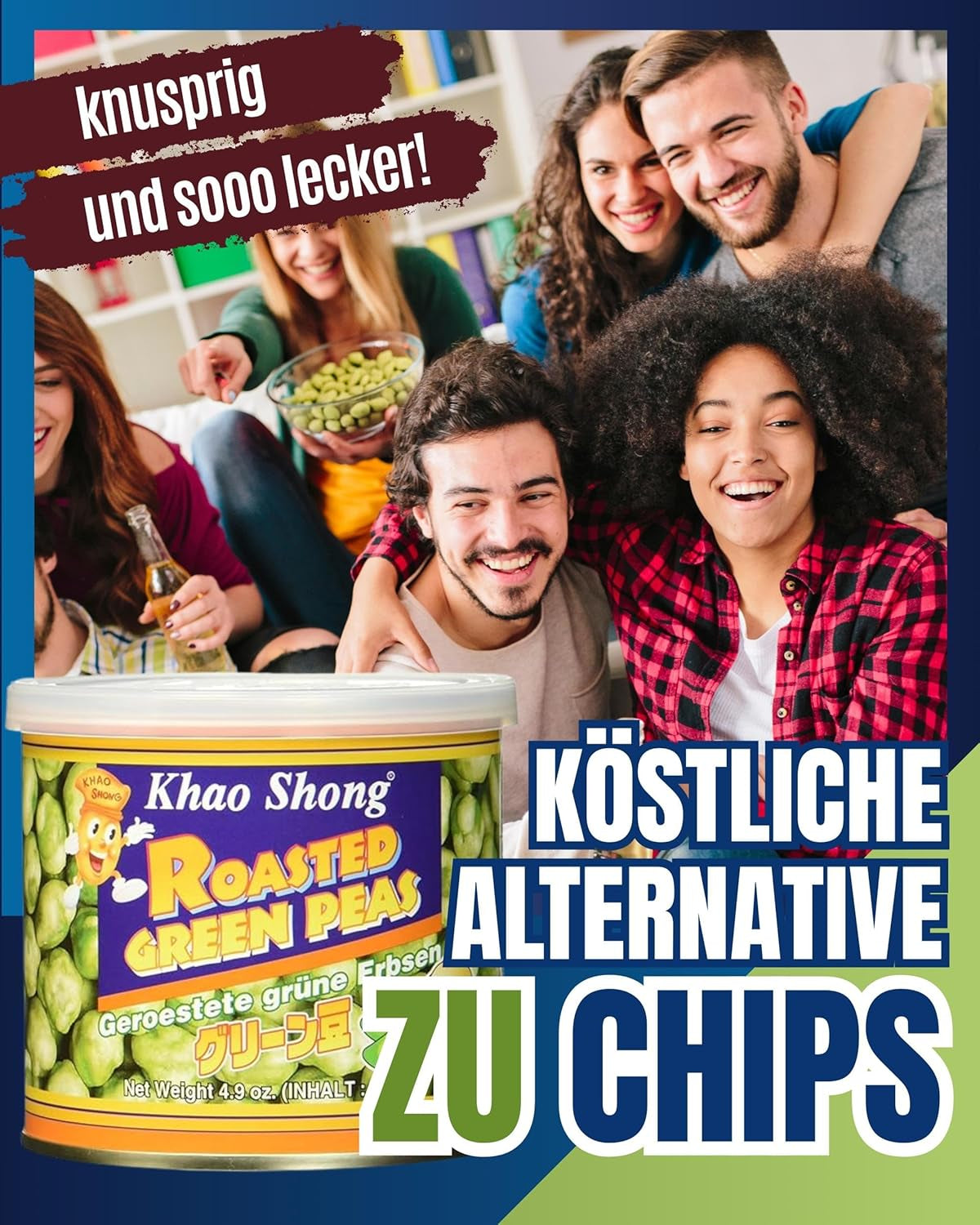 Khao Shong Gebratene grüne Erbsen mit Wasabi, knusprige Erbsen in würzigem Teig, eine fettarme Alternative zu Nüssen, mittelscharf, 1 140-g-Dose | 140 g (1 Packung)