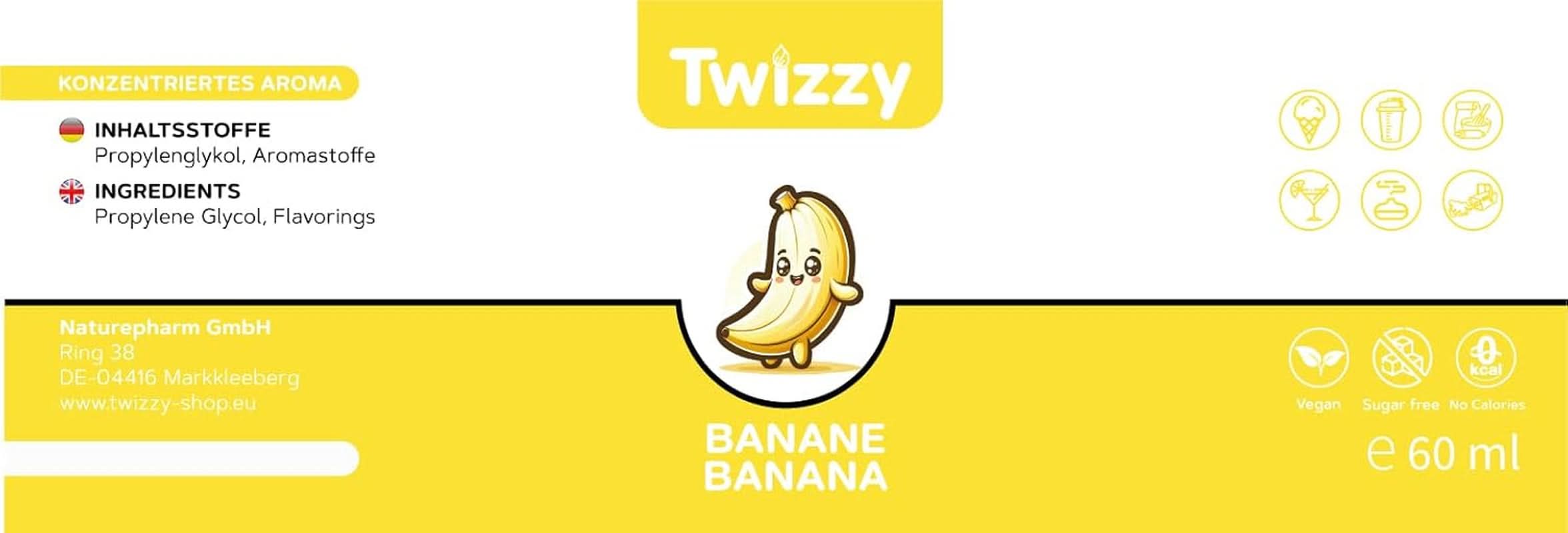 Twizzy Bananen-Lebensmittelgeschmack – 60 ml – Intensiver Geschmack – Ideal zum Backen. Aromen Naty Shop