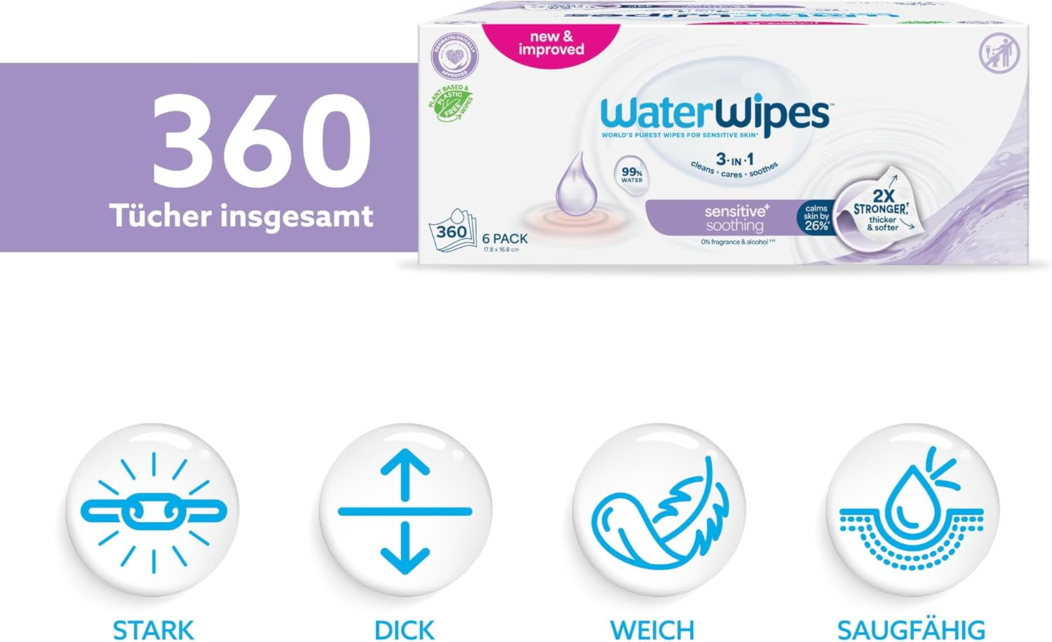 WaterWipes Sensitive+ Soothing Clean, 360 Stück (6er-Pack), 3-in-1-Reinigung, Pflege und Beruhigung, 99 % Wasser mit Pflanzenextrakt, parfümfreie Babytücher