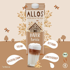 Allos Bio Haferdrink Barista | Milchalternative aus Hafer | Schaumbarer Drink auf Pflanzenbasis | Perfekt zum Kaffee. Veganes, laktosefreies Getränk | 1 Liter (6 Stück)