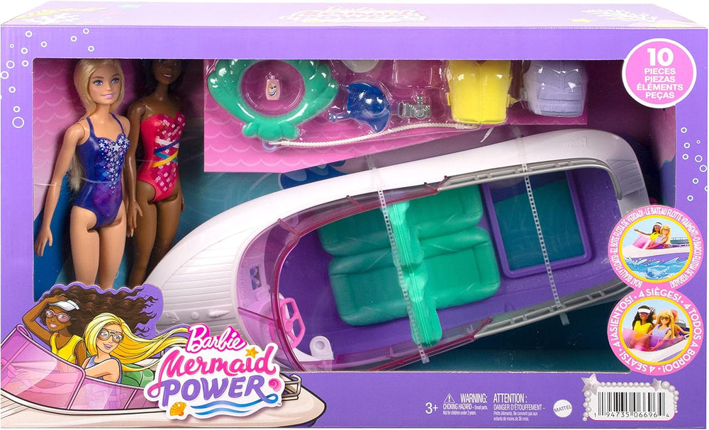 Barbie HHG60 - Barcă cu motor Sirenă cu 2 păpuși (blondă/brunetă) și diverse accesorii, jucărie pentru copii cu vârsta de 3 ani și peste