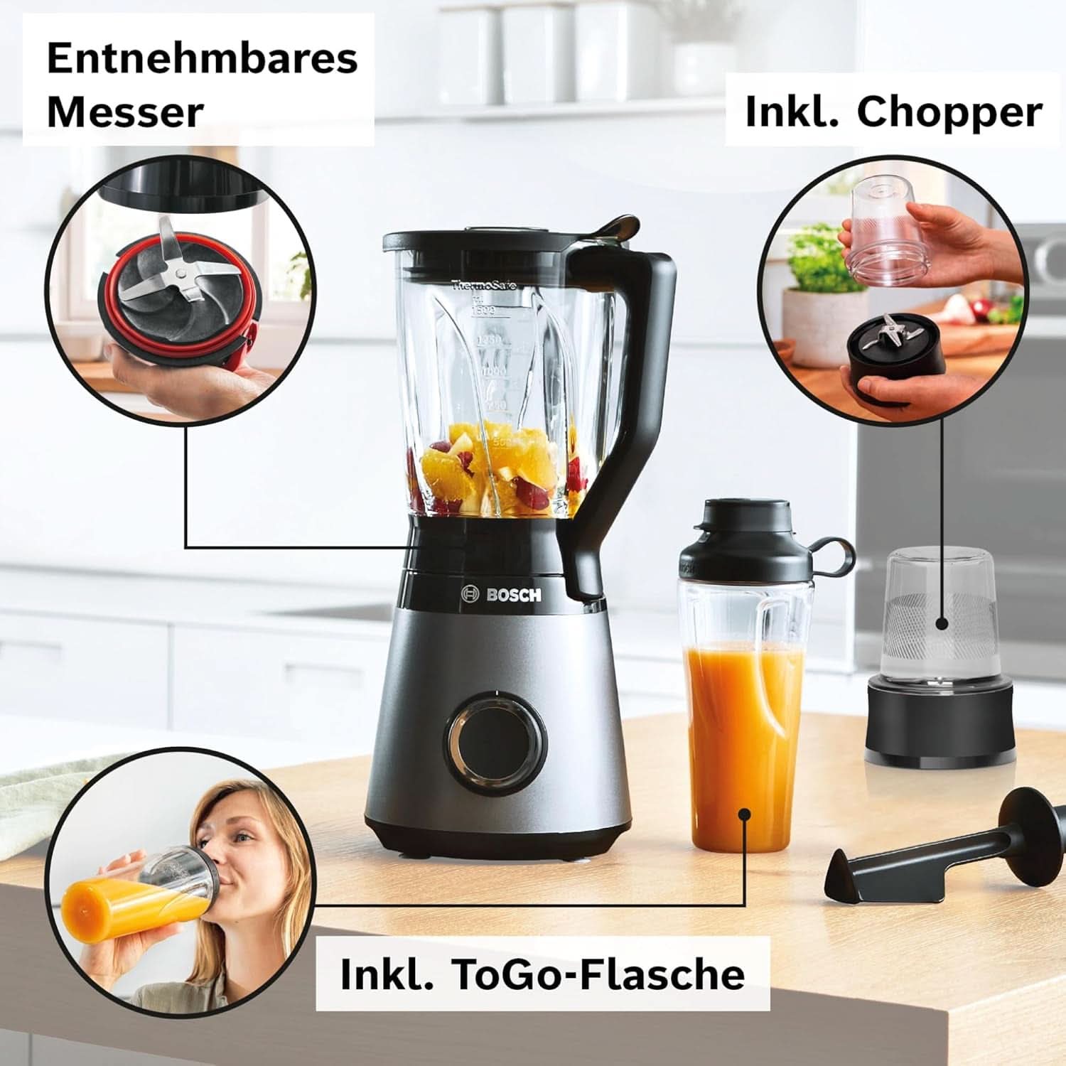 Bosch Standmixer Vitapower Serie 4 MMB6177S, Edelstahl-Klingen Made in Germany, 1,5L Thermosafe Glasbehälter, 0,6L To-Go-Flasche, Stopfer, Universalzerkleinerer, 30.000 U/Min, 1200 W, Silver Kitchen Naty Shop