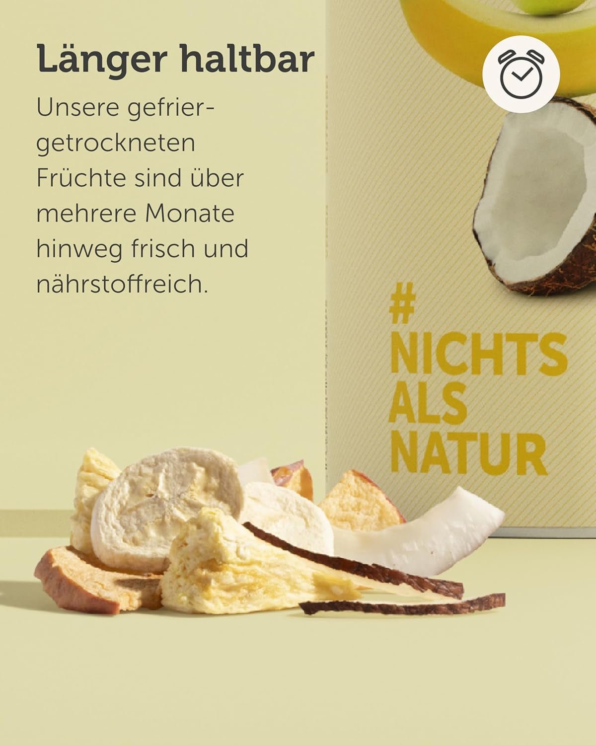 Amestec de fructe liofilizate BUAH® | Ananas, banane, mere și nucă de cocos liofilizate fără zahăr adăugat | 100% fructe | Vegan, fără gluten, fără lactoză (192g) Produse deshidratate Naty Shop
