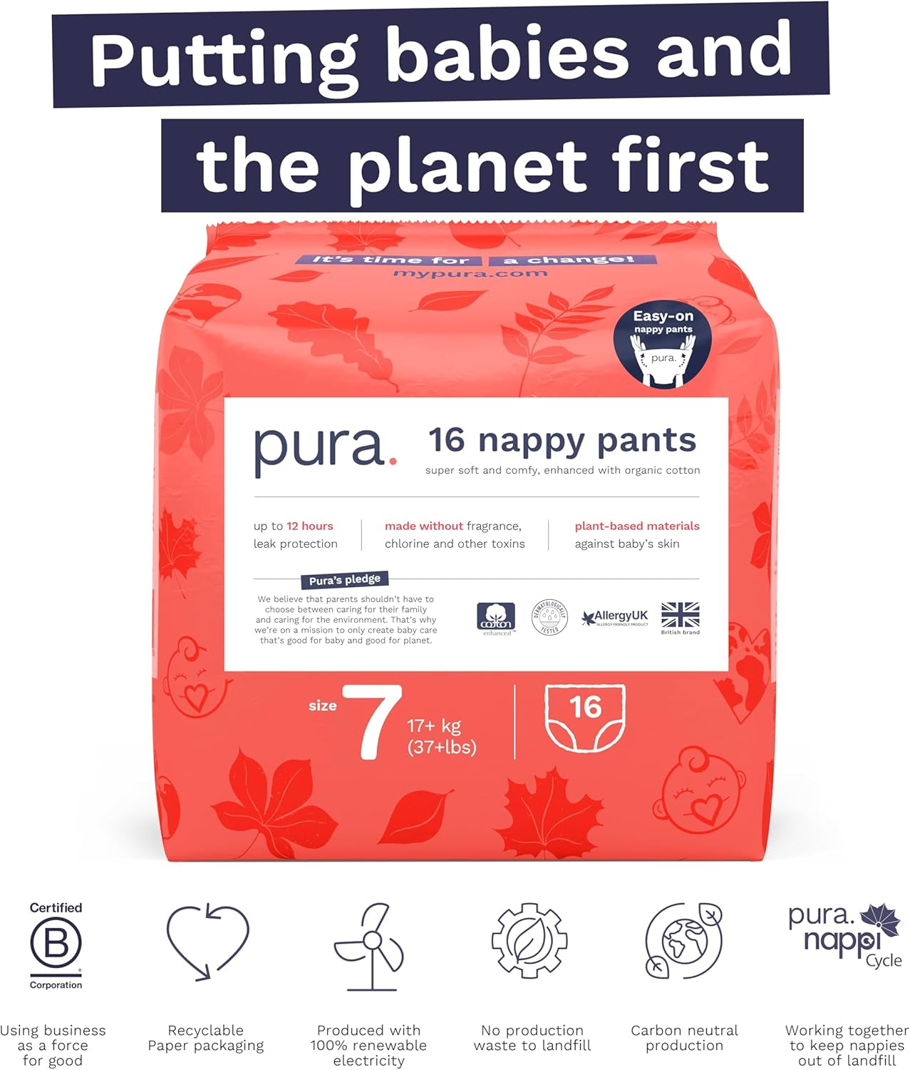 Umweltfreundliche Höschen, Größe 7 (17 kg+), 16 Stück, Einwegunterwäsche für empfindliche und allergische Haut, parfümfrei, seitlicher Kordelzug