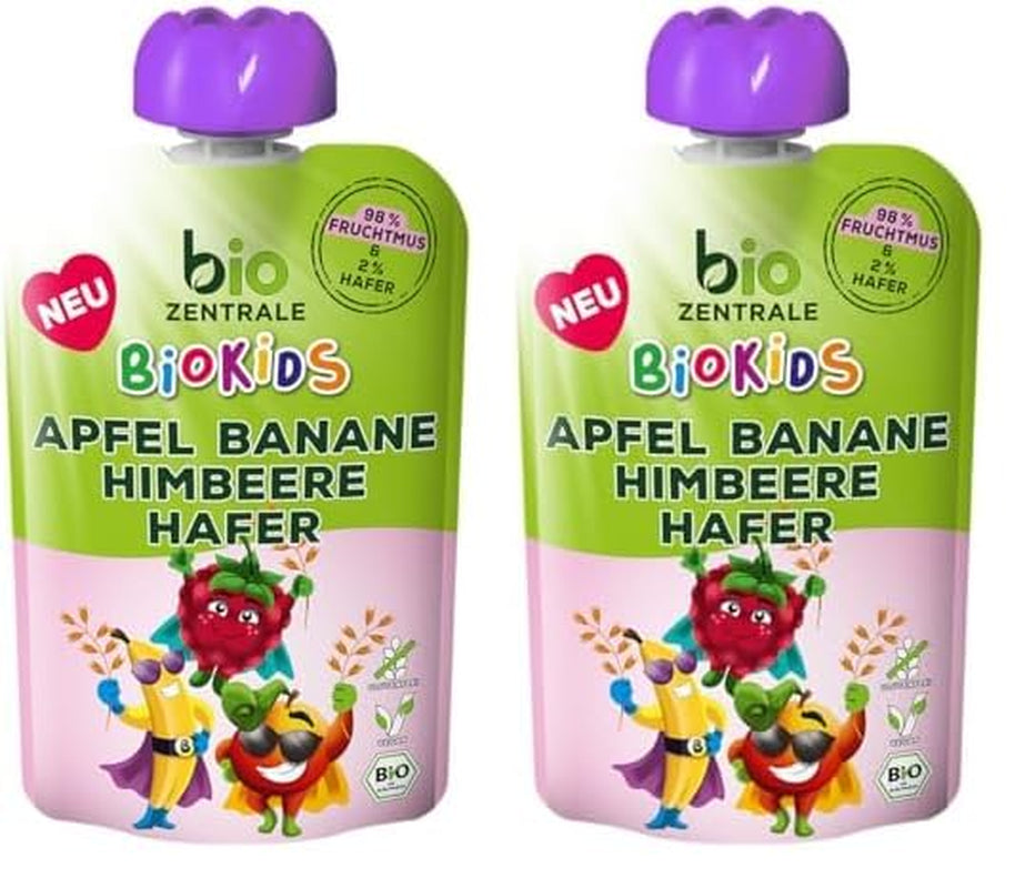 biocentral BioKids Fruchtpüree Apfel Banane Himbeere Hafer | 12 x 90g | Fruchtiger Snack ohne Zuckerzusatz | Vegan (2er Pack)