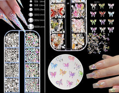 Nail Charms,6 Boxen Gold Silber Nagel Charms 3D Gold Bogen Stern Nail Art Dekoration+6200 Strasssteine Bunt Steine AB Perlen Diamanten,3D Legierung Bow Nail Gems Nagel Deko Für Frauen Nagel (6-A)