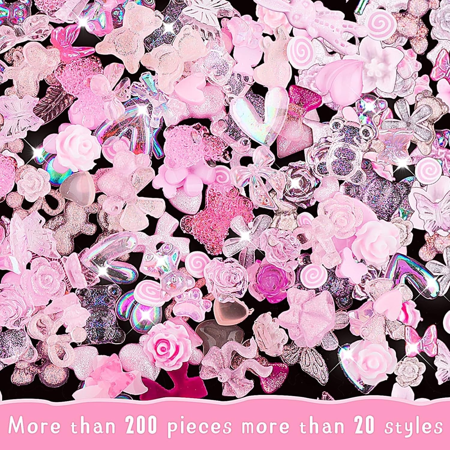 200 piese Nail Art Charms 3D Nail Art Decoration Set Arc Nail Pendant Roz Stil Mixt Arc Floare Ursuleț Acadea În formă de Inimă Nail Art Decorare DIY Craft Nail Design