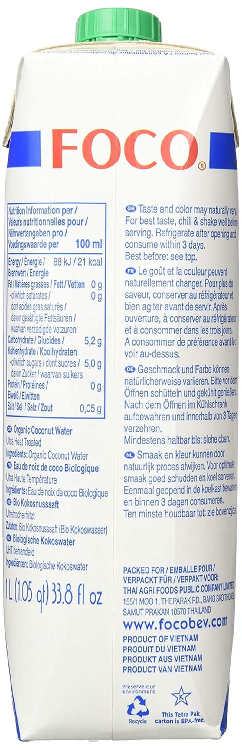 FOCO Bio-Kokoswasser, reines erfrischendes Sportgetränk, 100 % Kokoswasser – 6 x 1 Liter Naty Shop