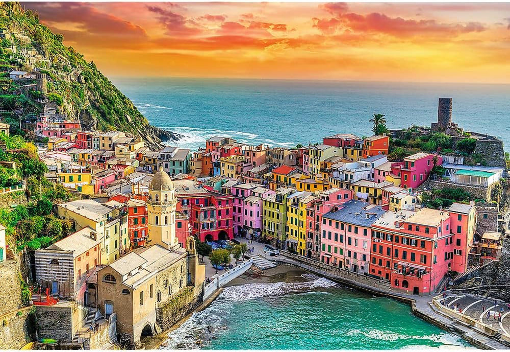Trefl 26196 1500 elemente, carton cel mai gros, organic, ECO, Italia, apus de soare, divertisment pentru adulți și copii de la 12 ani, Uft-Puzzle Romantic Sunset: Vernazza, Liguria, Italia Puzzle Naty Shop