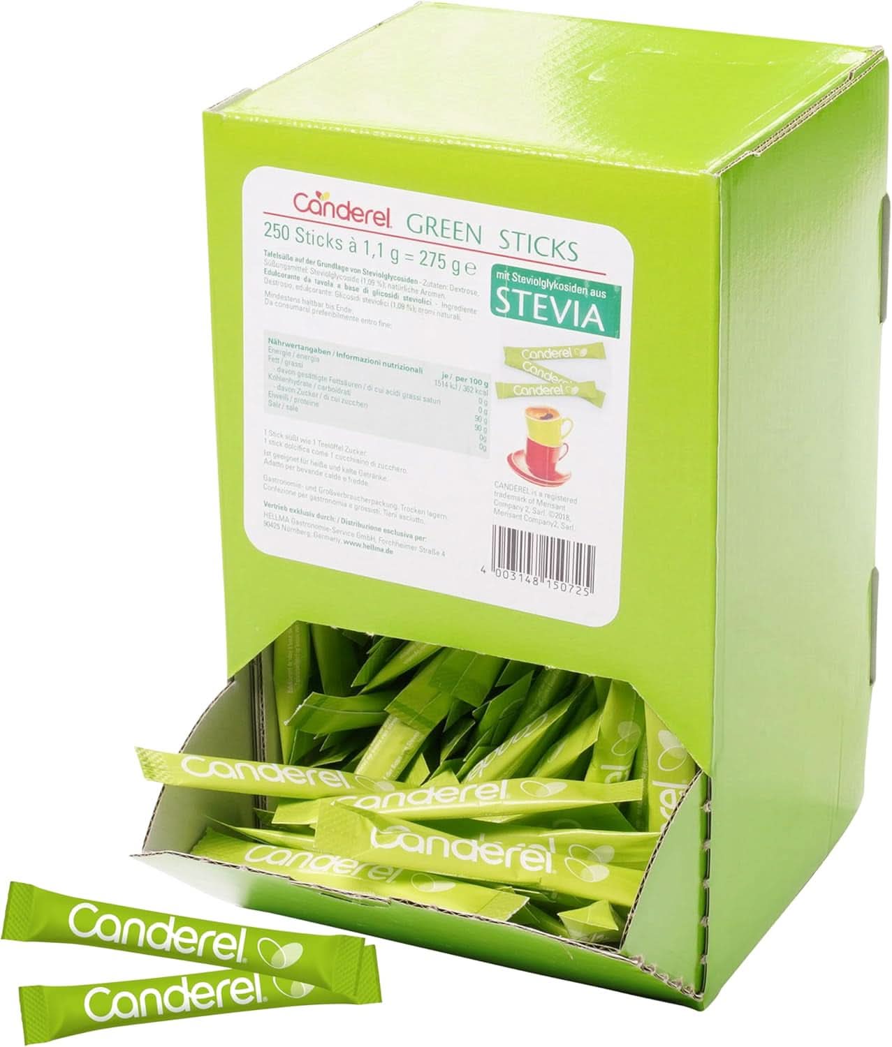 Hellma Canderel Green Stevia Sticks, 250 Stevia-Beutel, 1,1-Gramm-Beutel Süßstoffe Naty Shop
