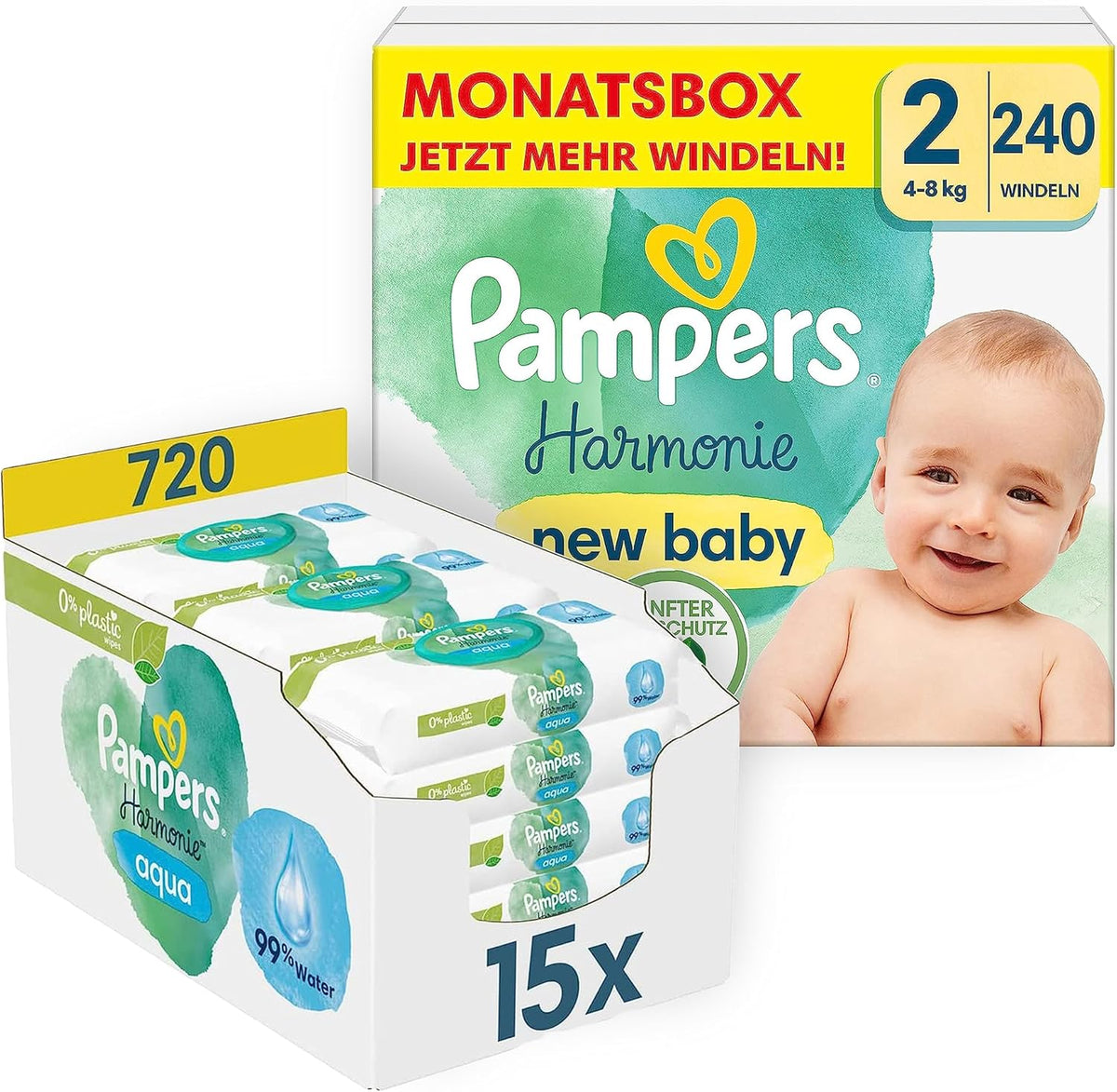 Harmonie Babywindelset Größe 2 (4–8 kg, 240 Teile), Monatsbox und Harmonie Aqua Baby Feuchttücher Box 720 Tücher (15 x 48), Baby Essentials